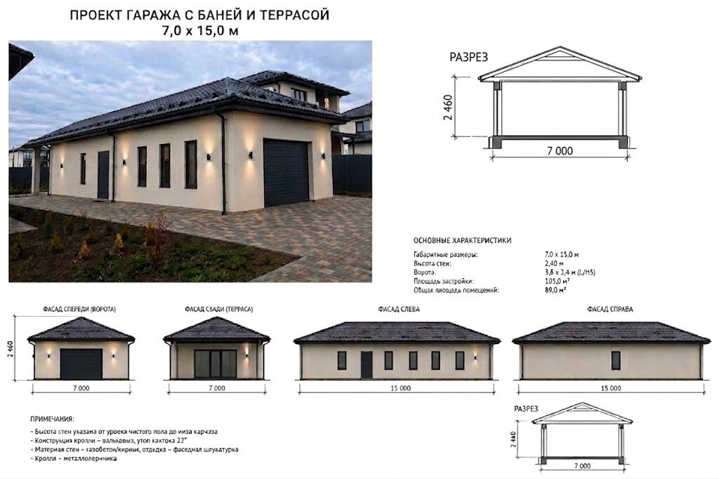 Проект гаража бани террасы в проекте "Комфортный 1" под ключ 